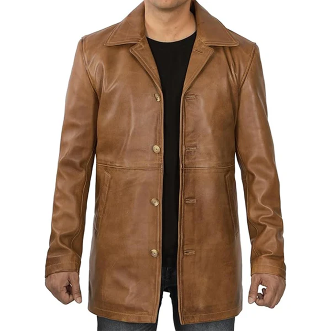 Men's Natural Distressed Brown Real Leather Coat