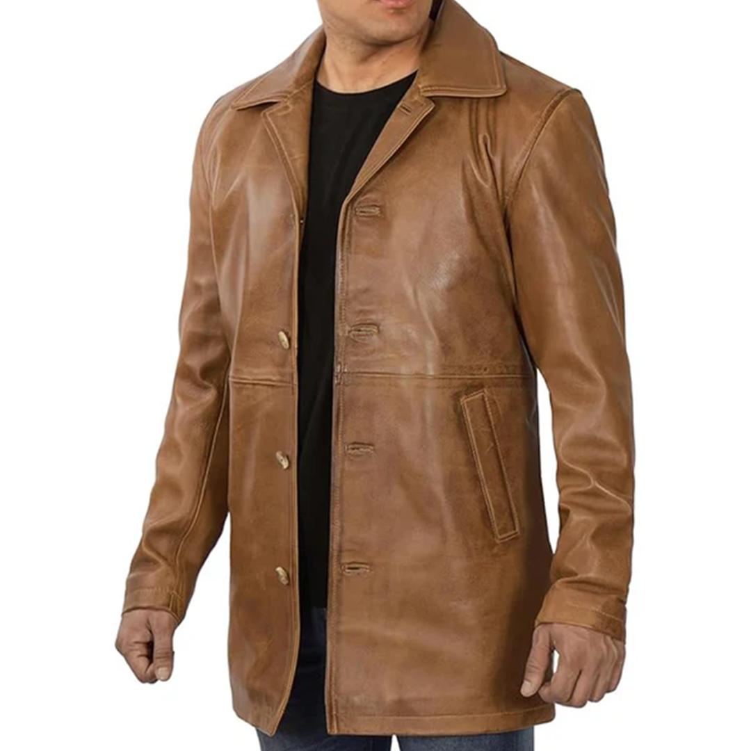 Men's Natural Distressed Brown Real Leather Coat