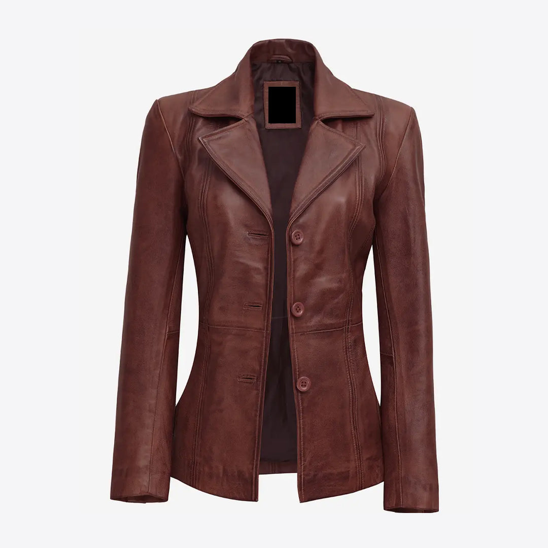 Women's Button Down Cognac Leather Jacket