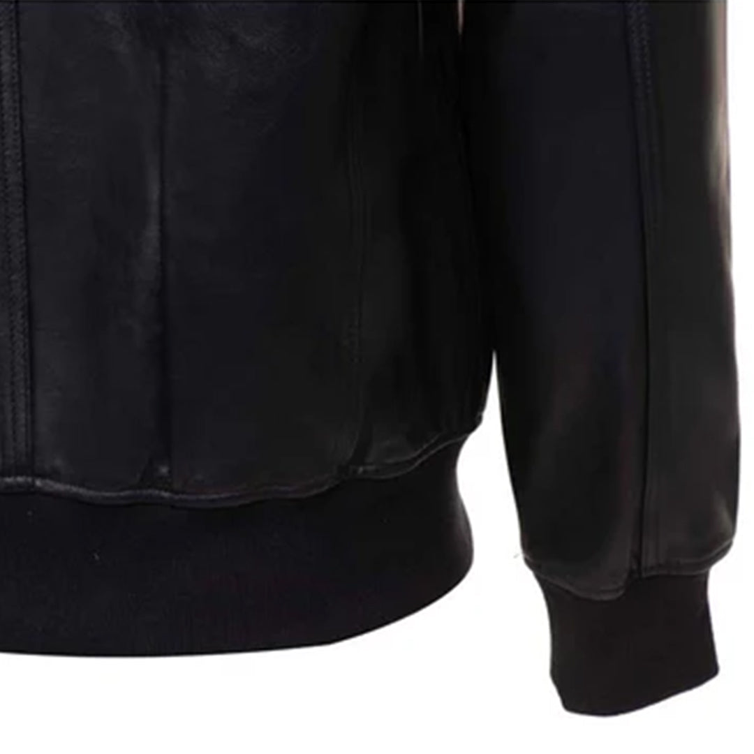 Men's Black Ribbed Collar Bomber Leather Jacket