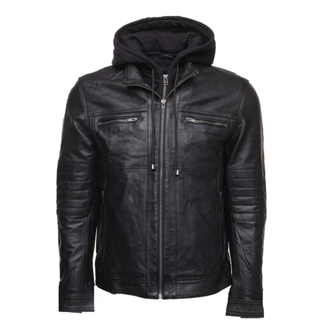 Men's Black Wilder Removable Hoodie Leather Jacket