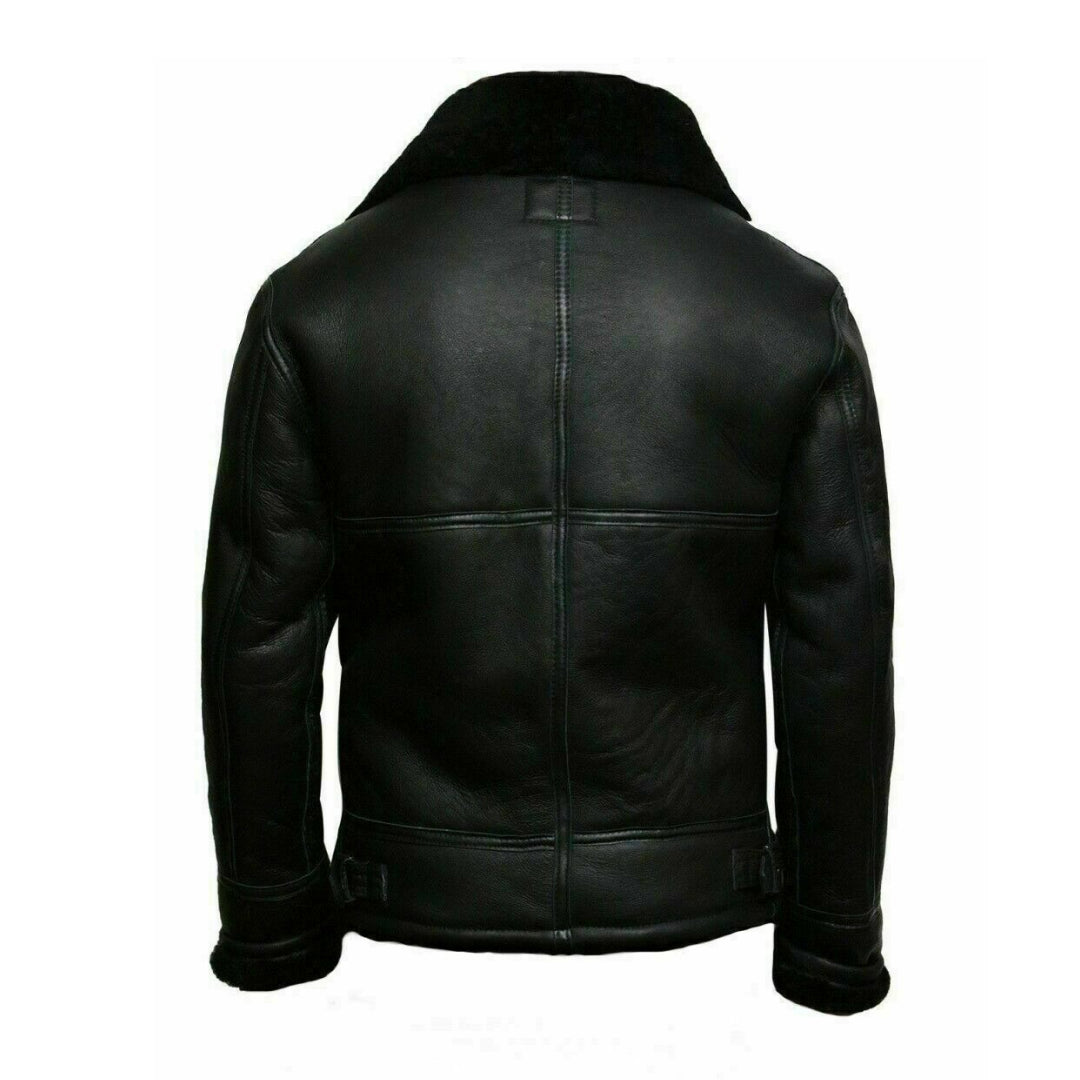 Men's Adjustable Collar Shearling Fur Leather Jacket