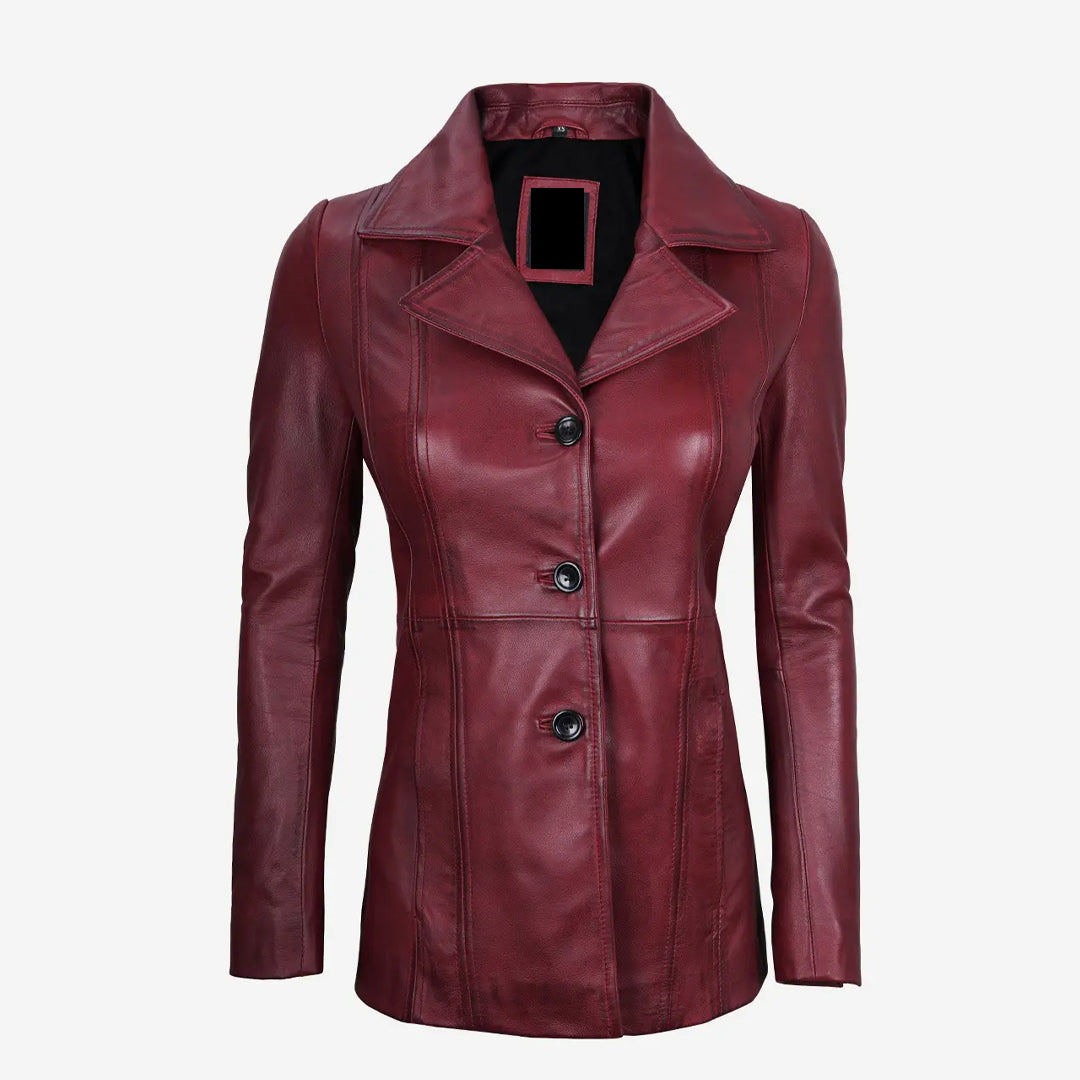 Women's Three Button Maroon Leather Coat