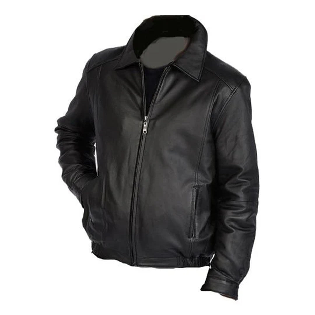 Men's Black Spread Collar Bomber Leather Jacket