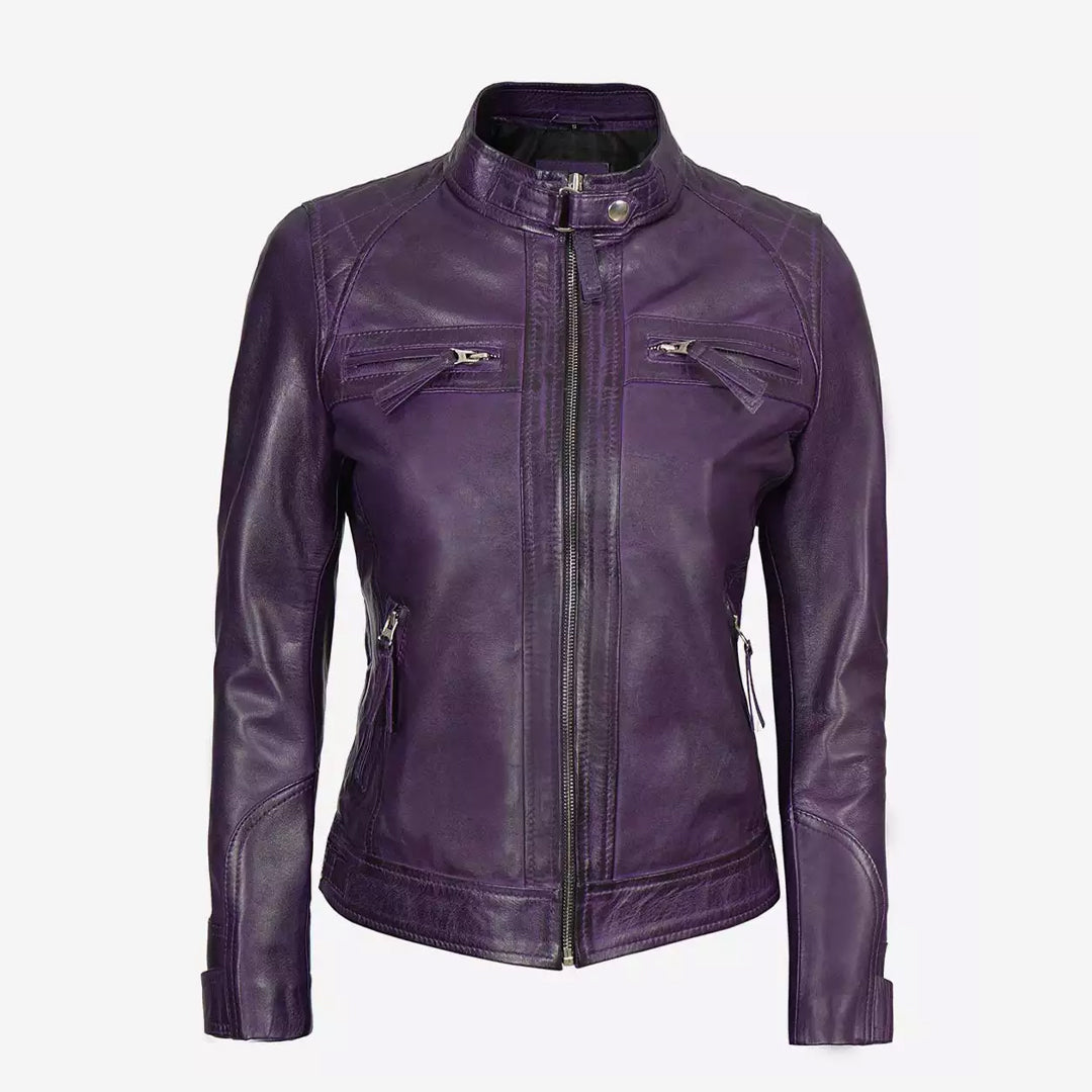 Women's Real Lambskin Purple Leather Biker Jacket