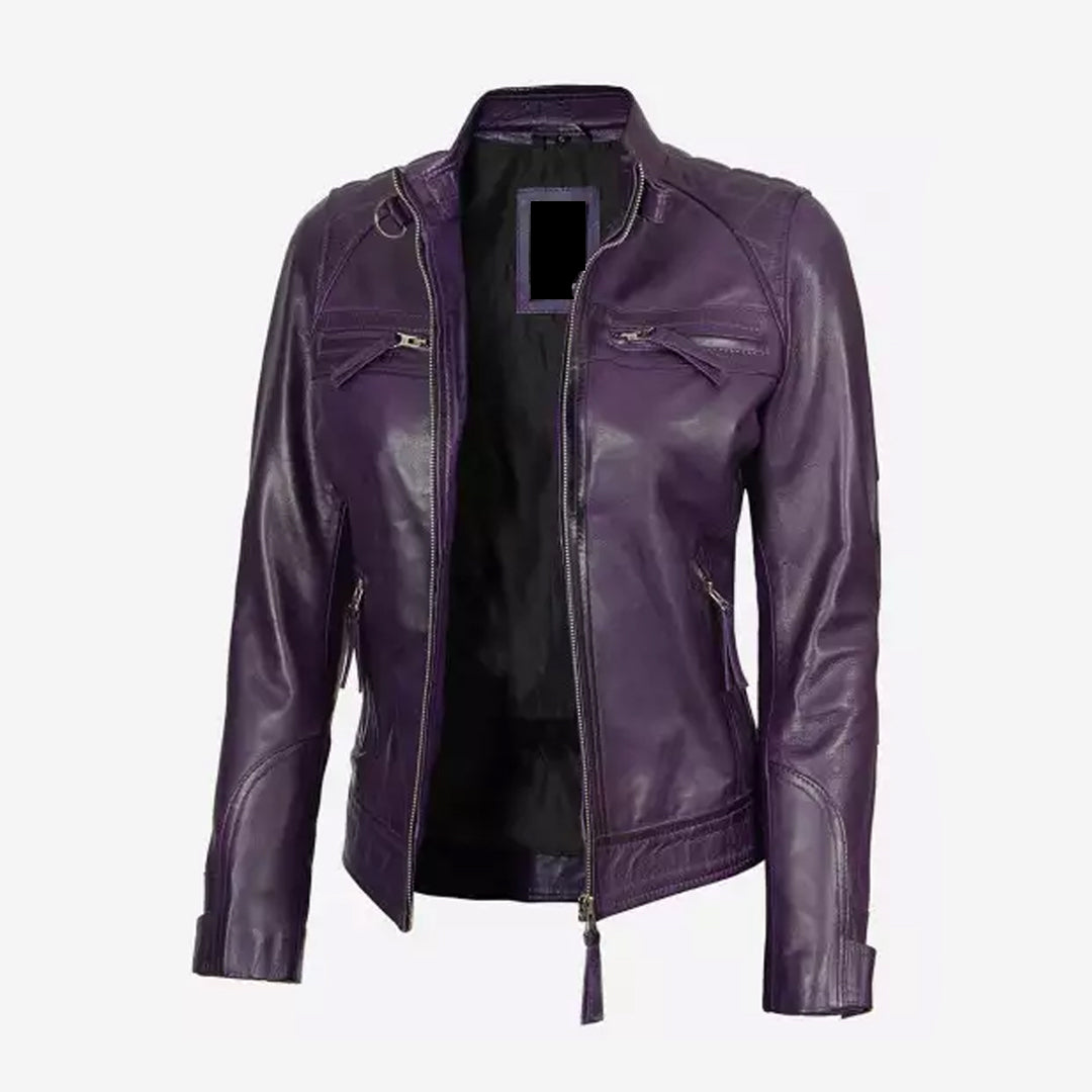 Women's Real Lambskin Purple Leather Biker Jacket