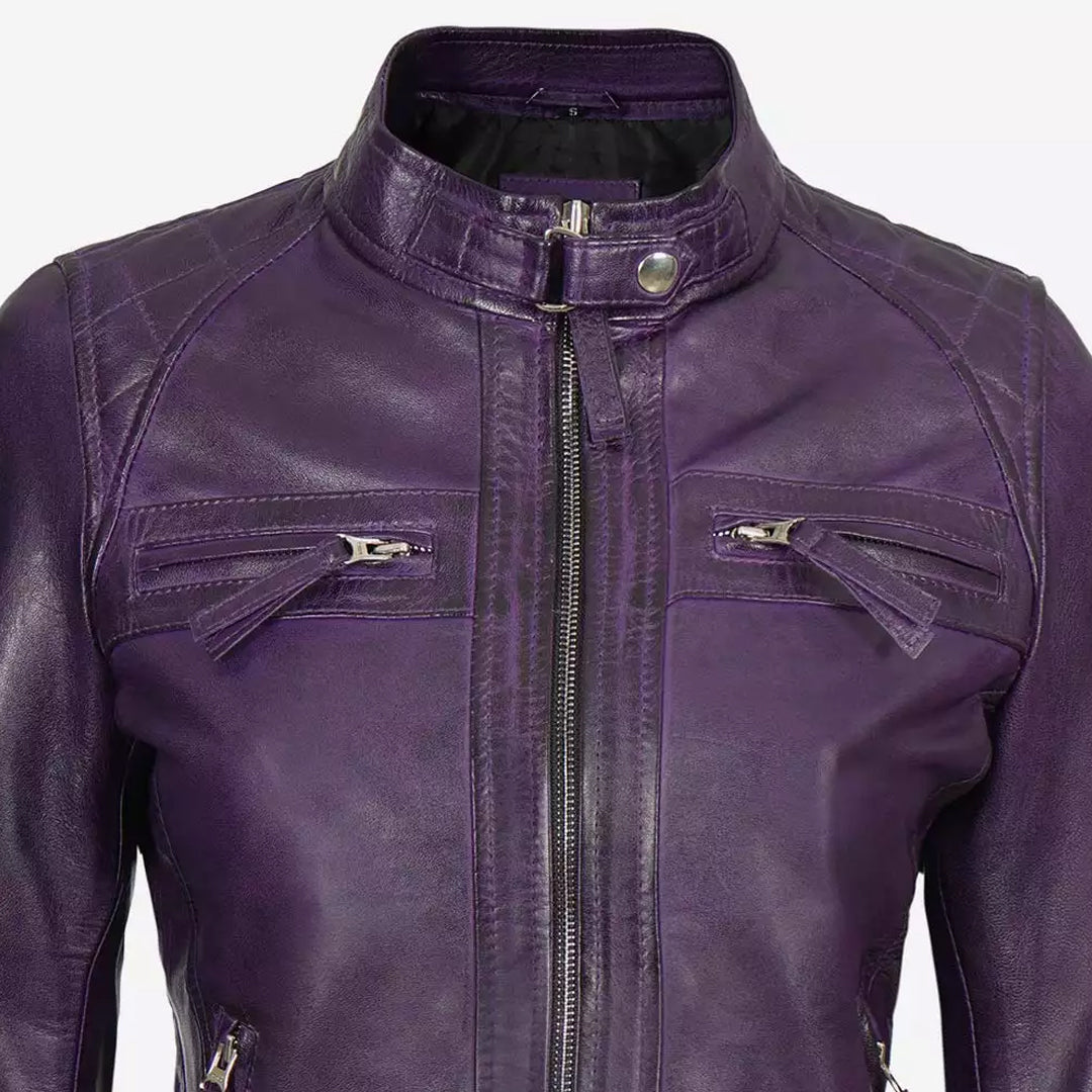 Women's Real Lambskin Purple Leather Biker Jacket