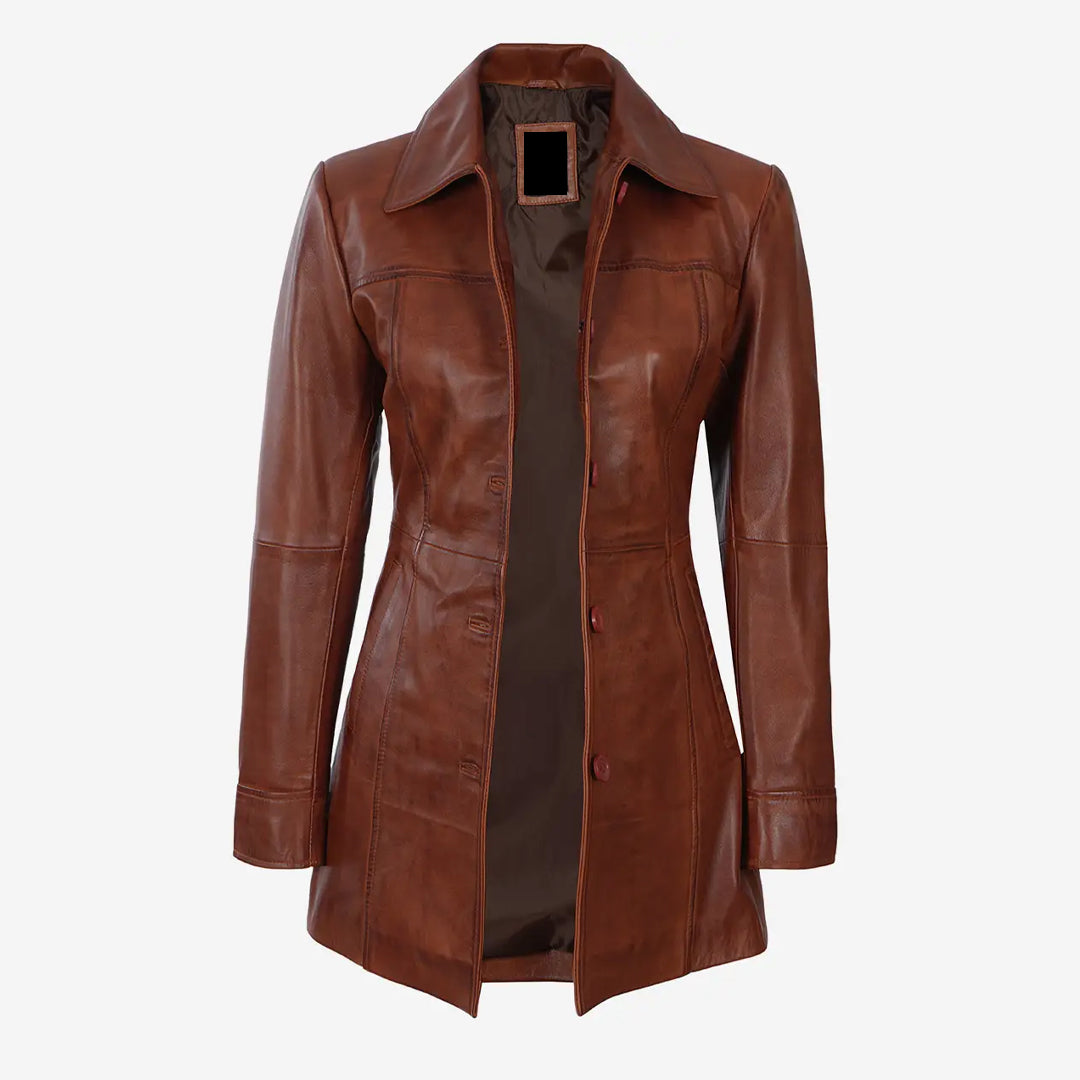 Women's Brown Cognac Length Leather Coat