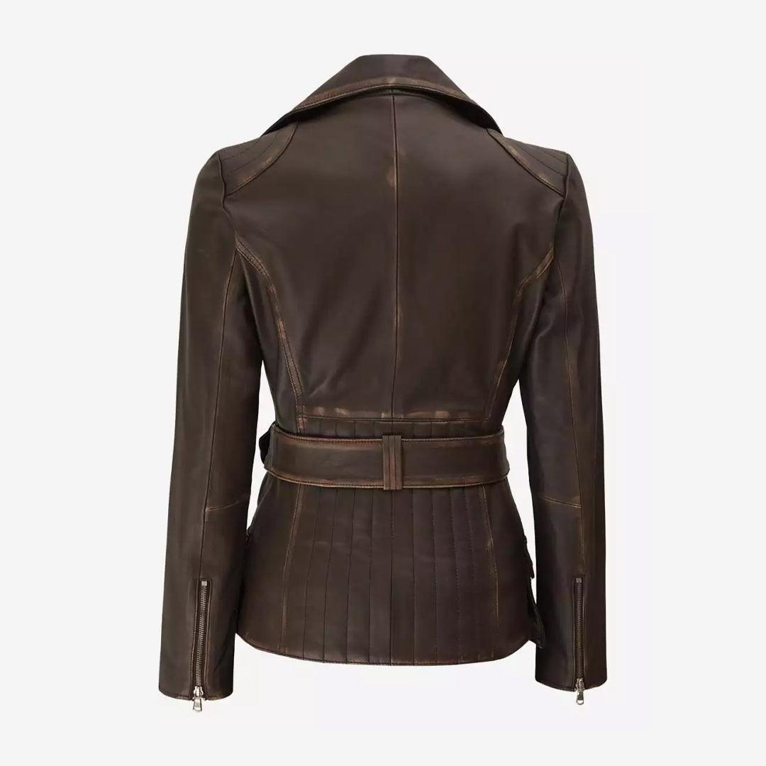 Women's Asymmetrical Dark Brown Rub Off Leather Belted Jacket