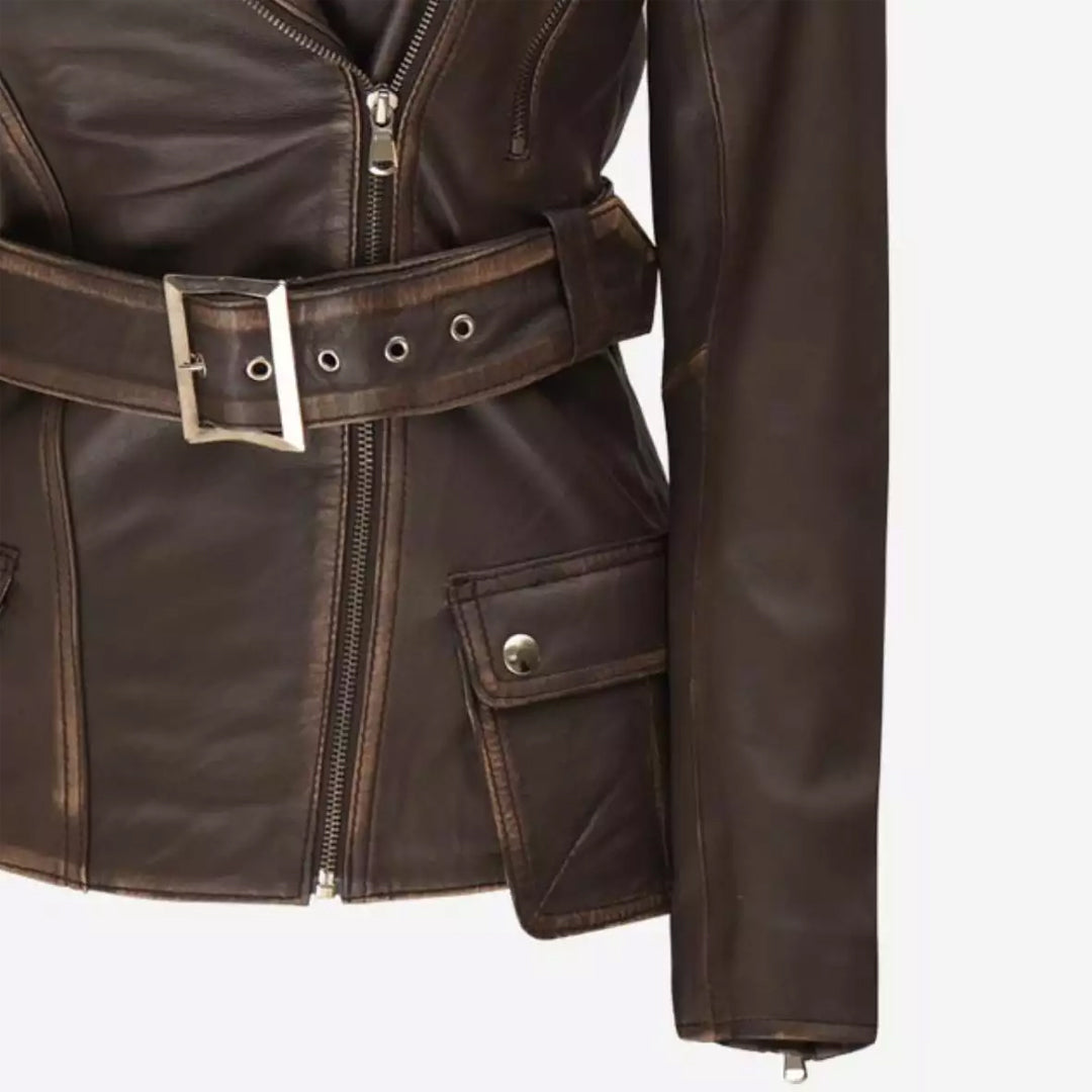 Women's Asymmetrical Dark Brown Rub Off Leather Belted Jacket