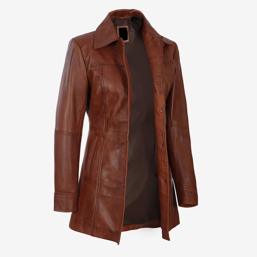 Women's Brown Cognac Length Leather Coat