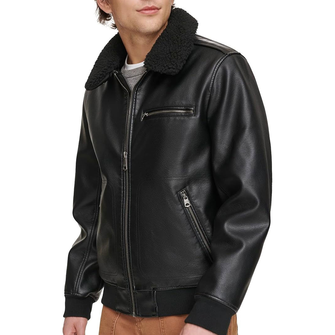 Men's Sherpa Collar Faux Leather Bomber Jacket