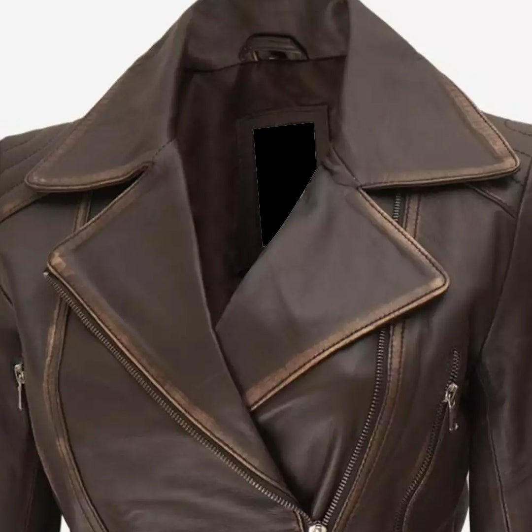 Women's Asymmetrical Dark Brown Rub Off Leather Belted Jacket