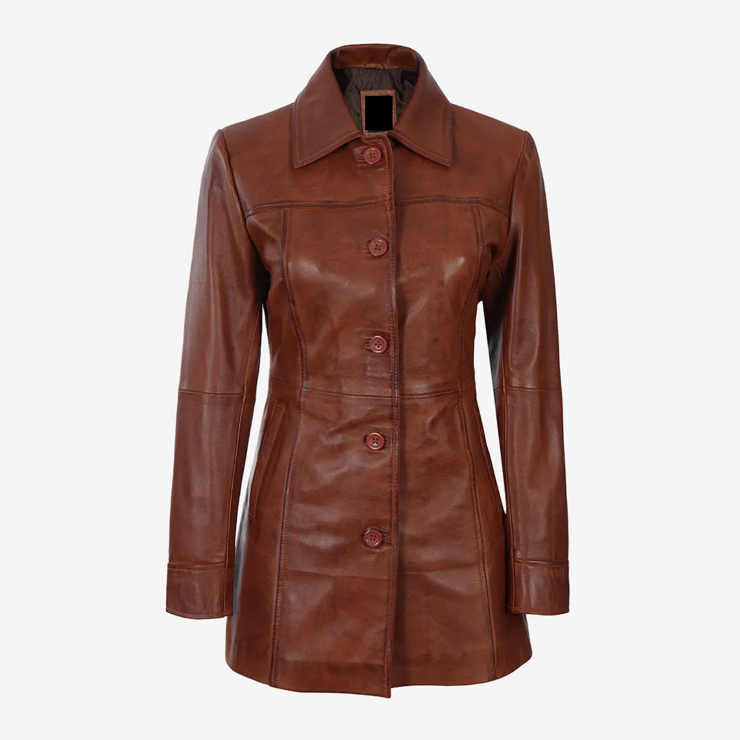 Women's Brown Cognac Length Leather Coat