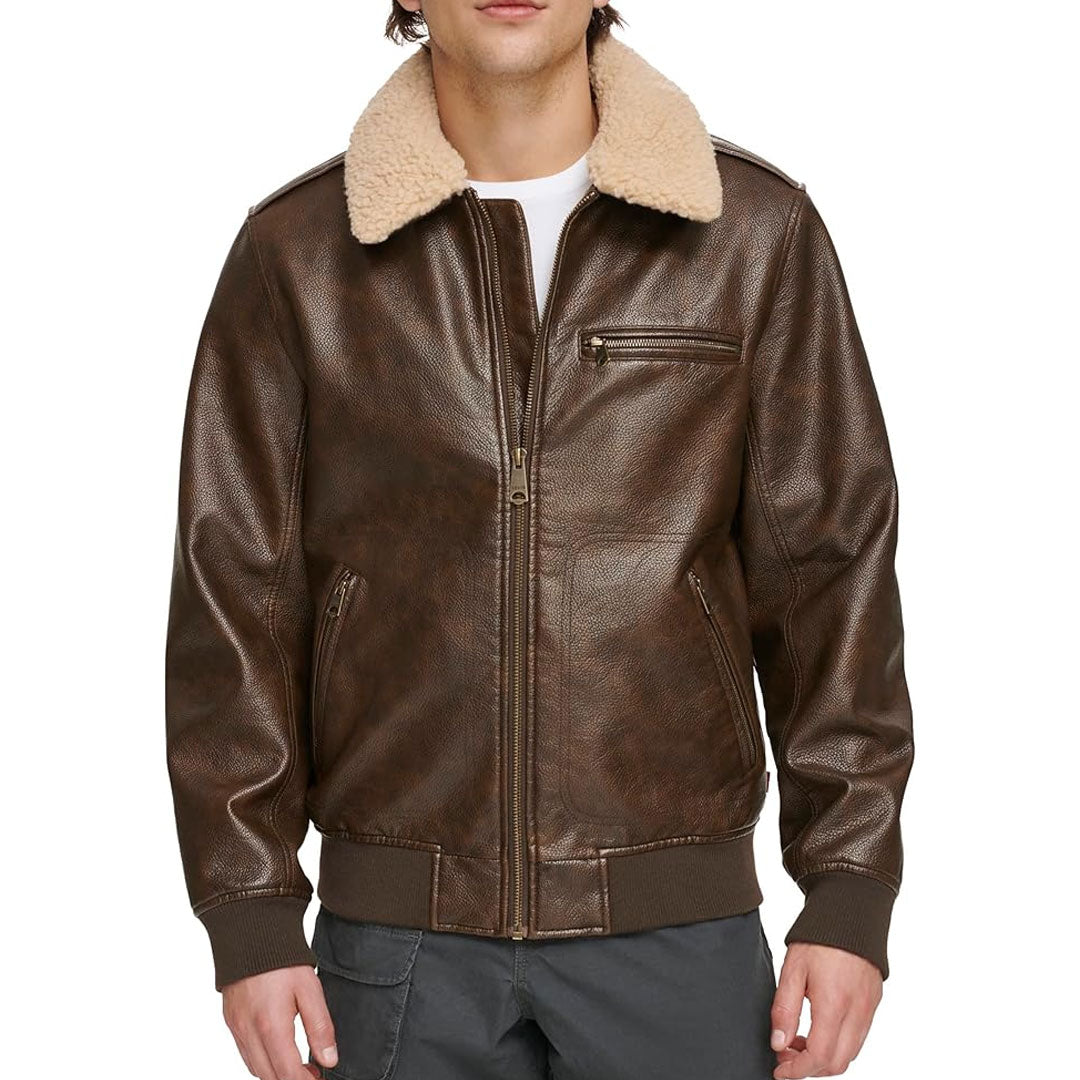 Men's Aviator Sherpa Collar Leather Bomber Jacket