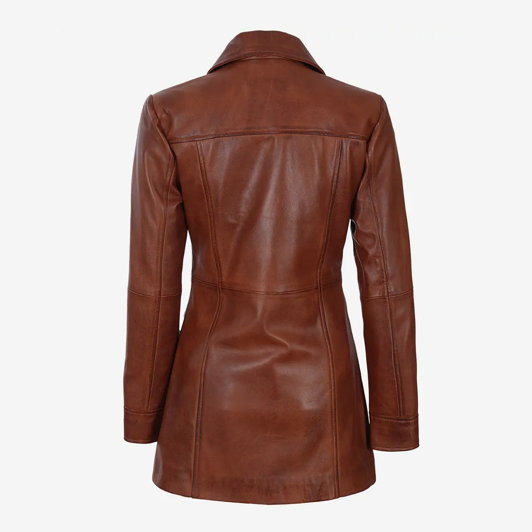 Women's Brown Cognac Length Leather Coat