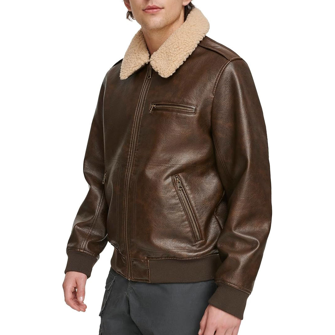 Men's Sherpa Collar Faux Leather Bomber Jacket