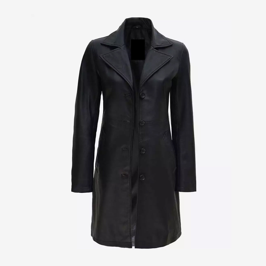 Women's Trench Long Black Leather Coat