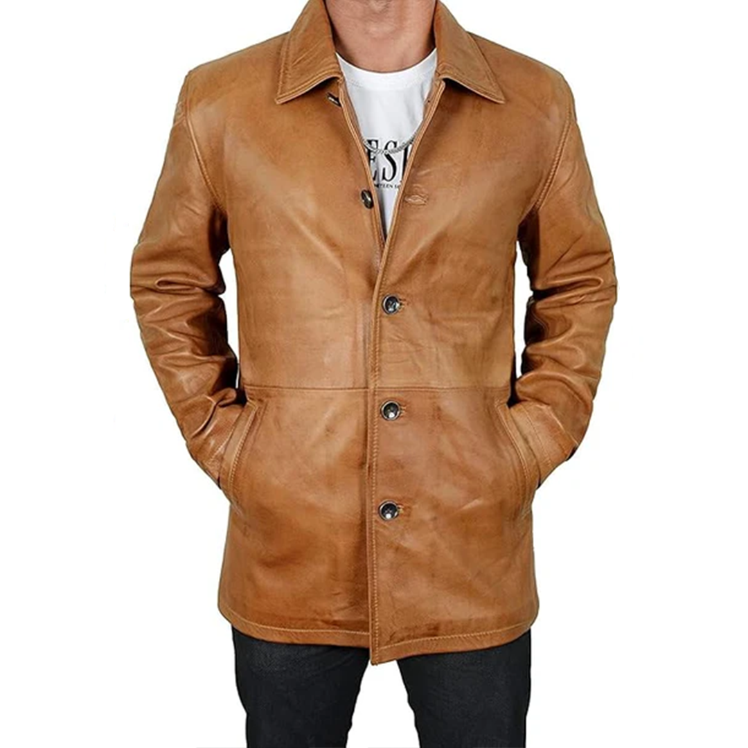 Men's Brown Genuine Leather Trench Coat