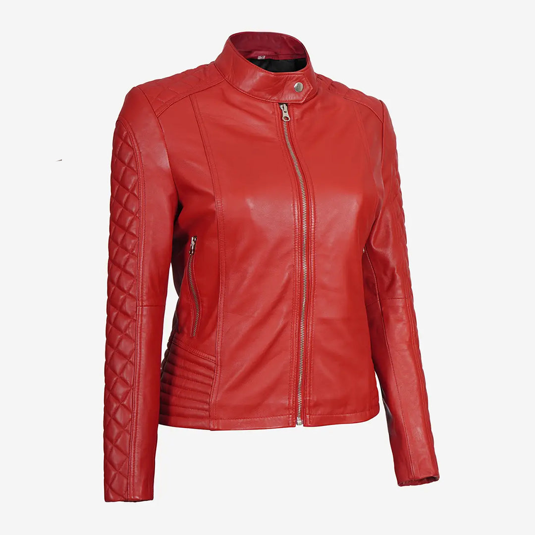 Women's Real Leather Red Quilted Biker Jacket