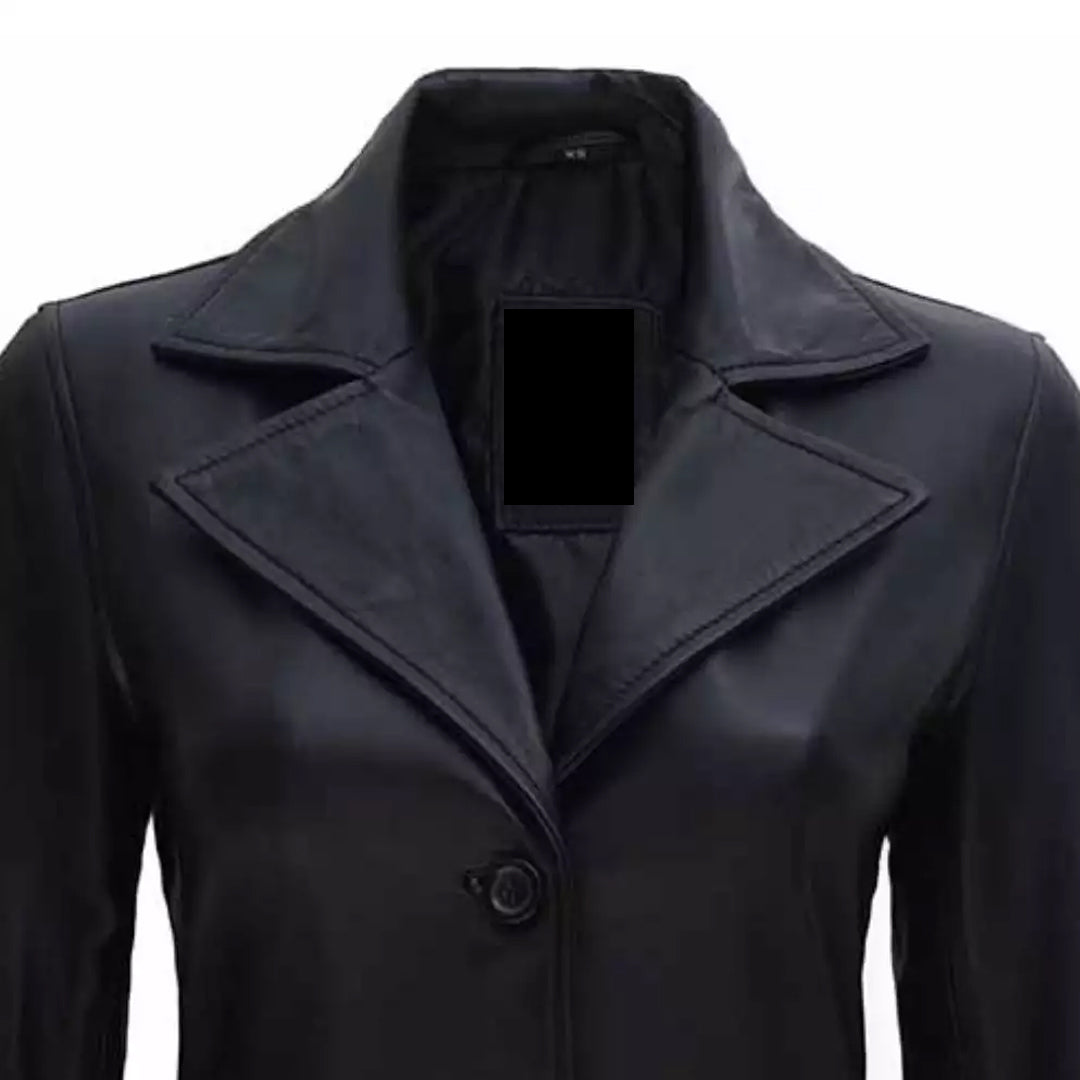 Women's Trench Long Black Leather Coat