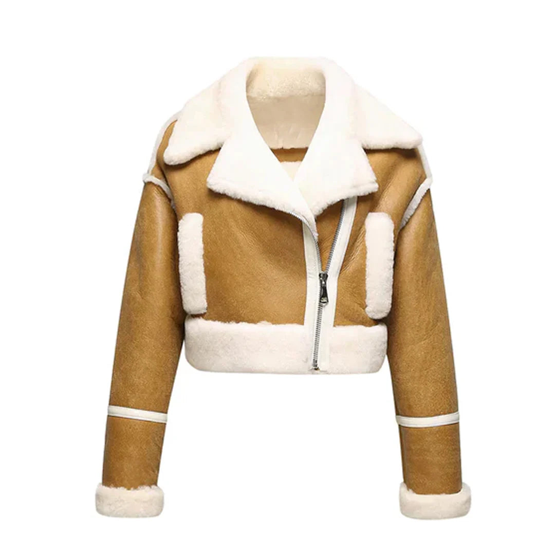 Women's Shearling Asymmetrical Leather Cropped Jacket