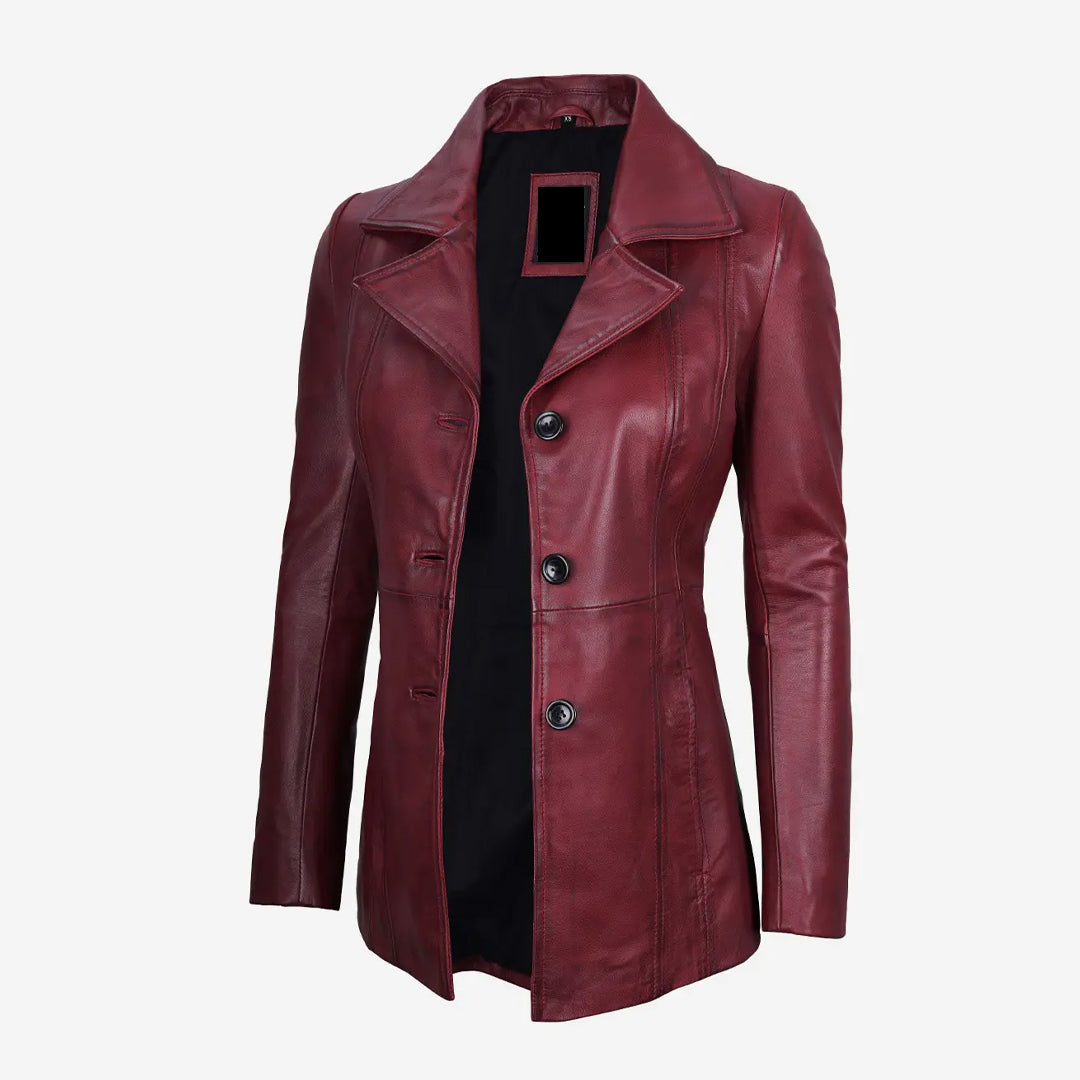 Women's Three Button Maroon Leather Coat