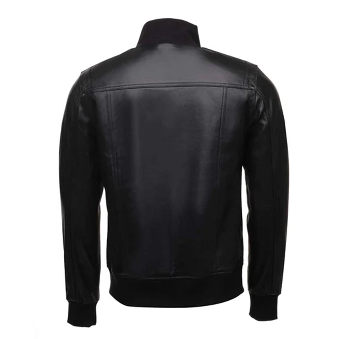 Men's Black Ribbed Collar Bomber Leather Jacket