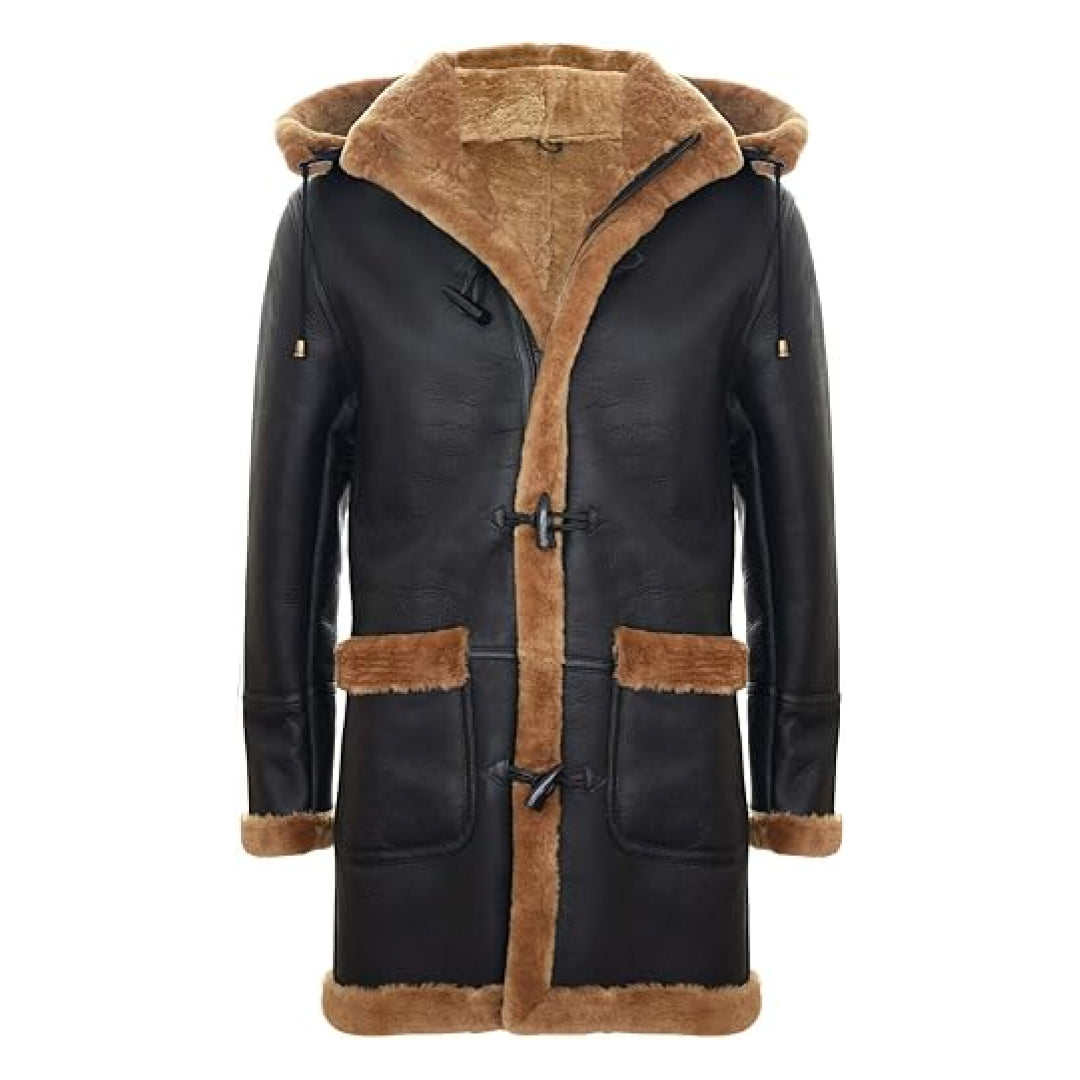 Men's Long Ginger Hooded Duffle Warm Leather Coat