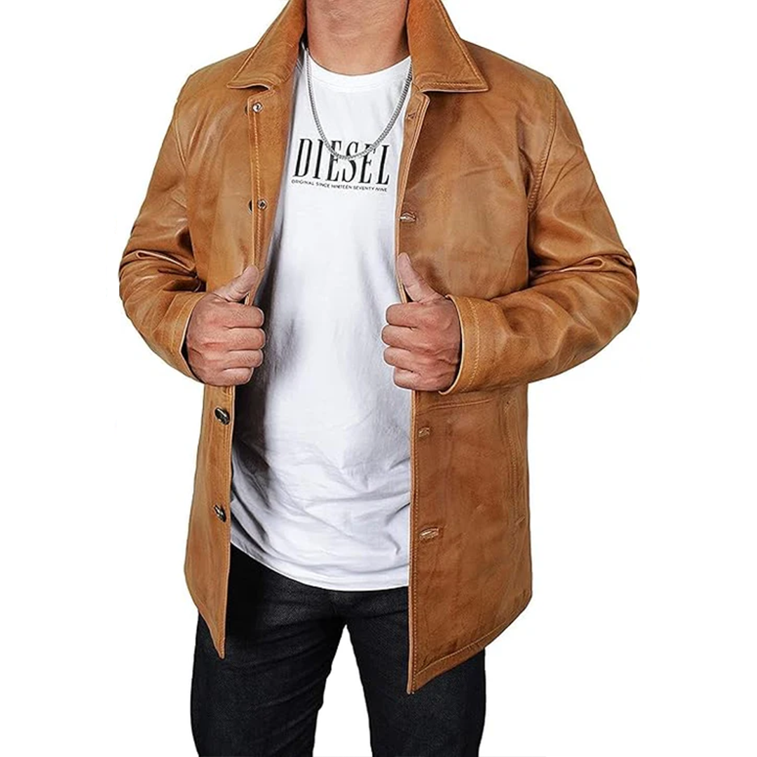 Men's Brown Genuine Leather Trench Coat