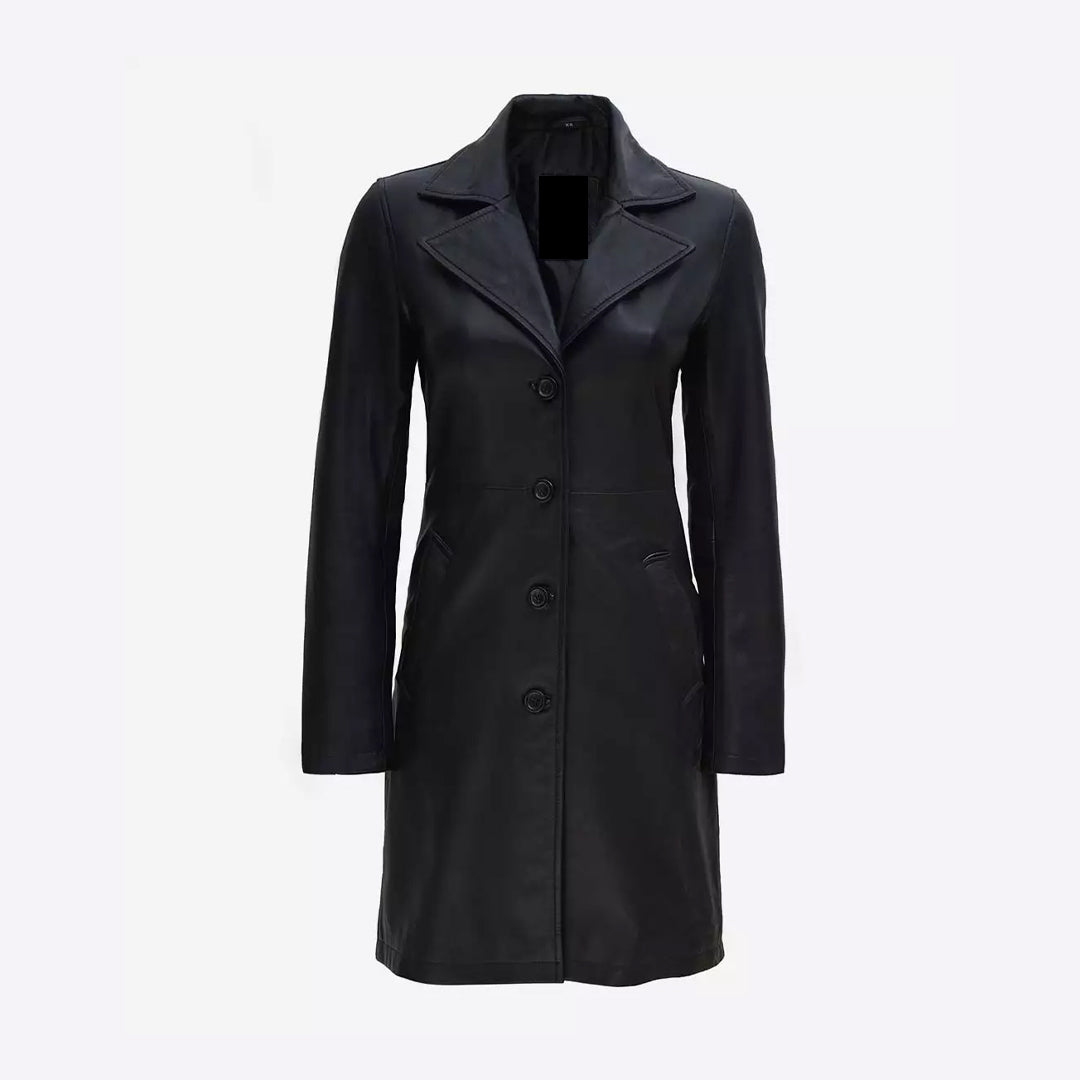 Women's Trench Long Black Leather Coat