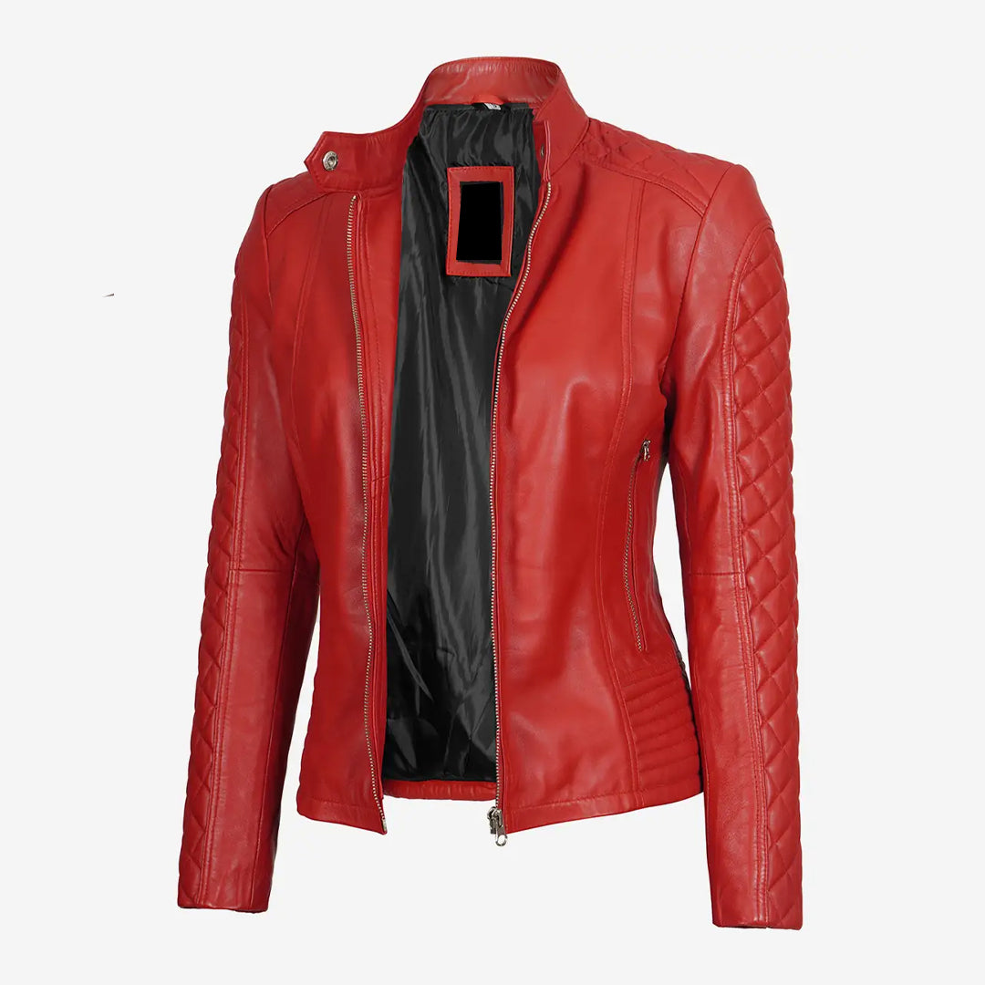 Women's Real Leather Red Quilted Biker Jacket