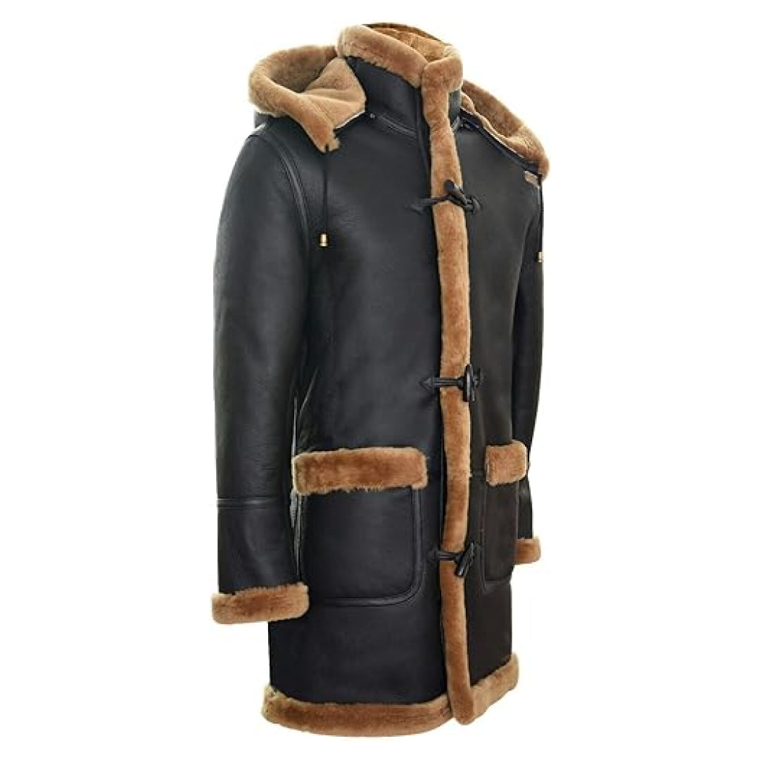 Men's Long Ginger Hooded Duffle Warm Leather Coat