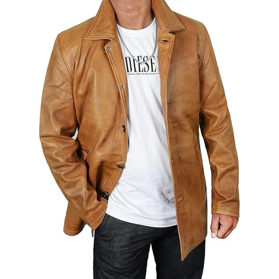 Men's Brown Genuine Leather Trench Coat