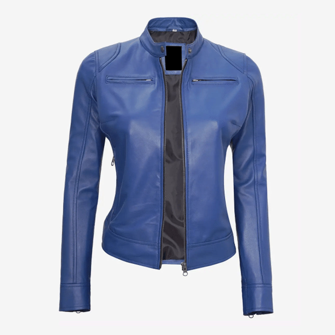 Women's Blue Cafe Racer Leather Jacket