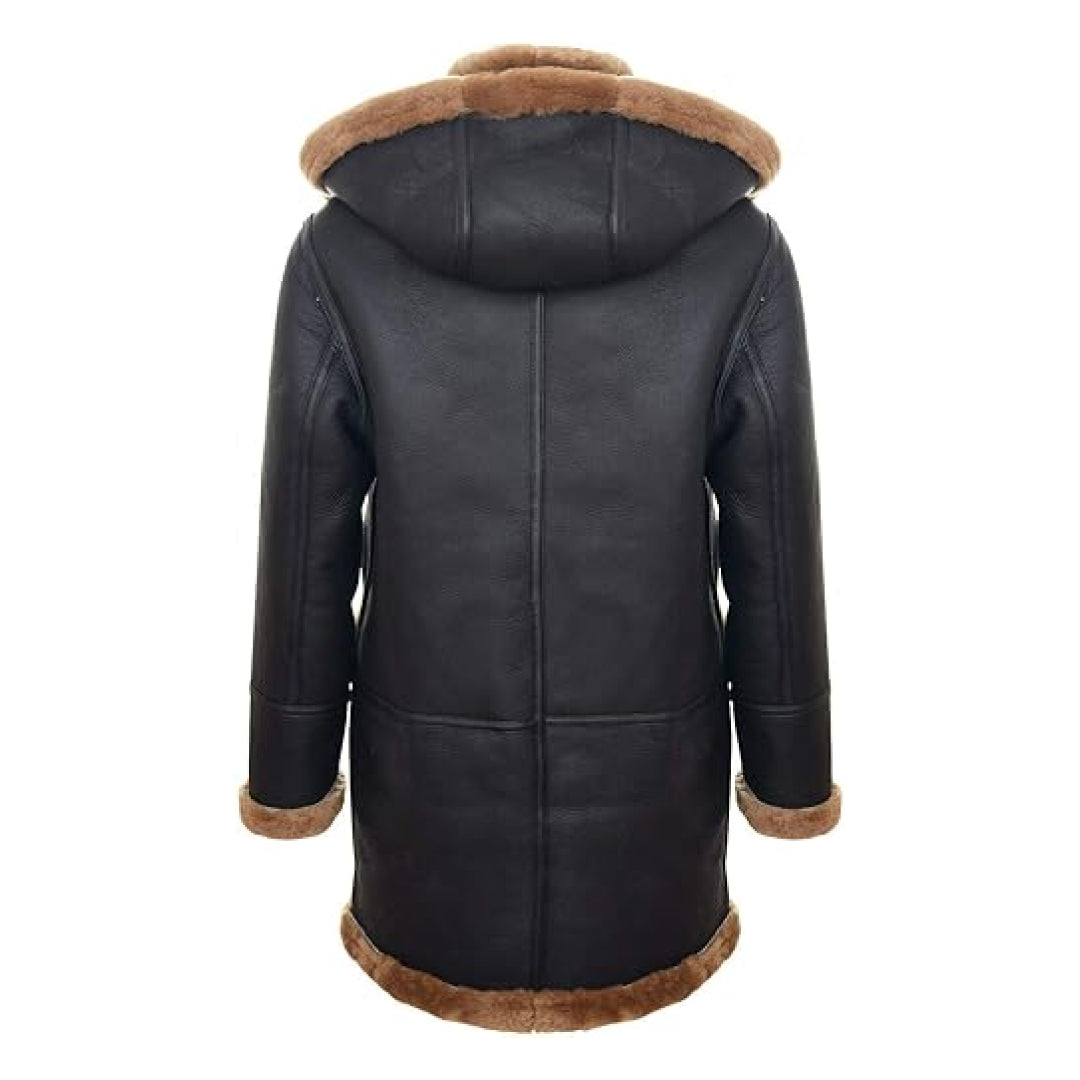 Men's Long Ginger Hooded Duffle Warm Leather Coat