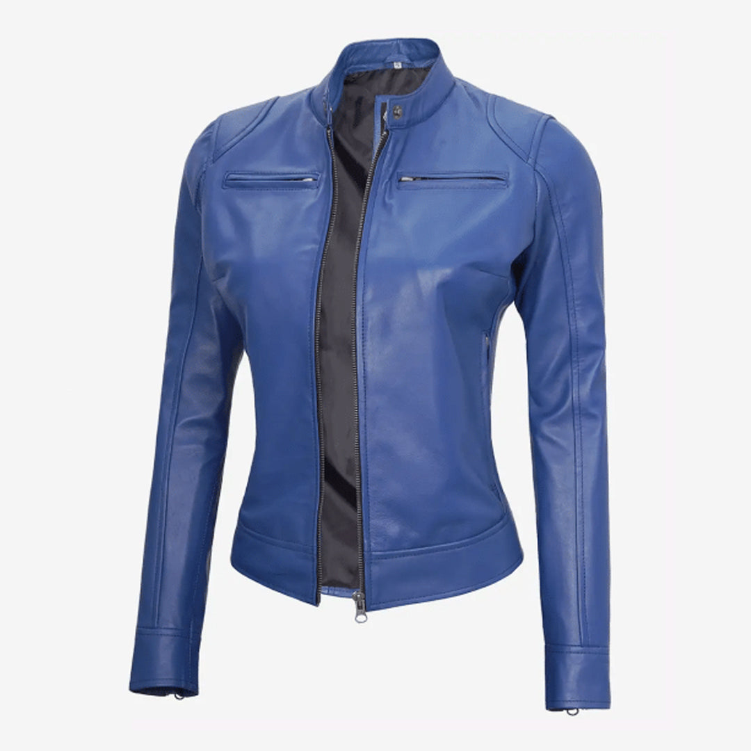 Women's Blue Cafe Racer Leather Jacket