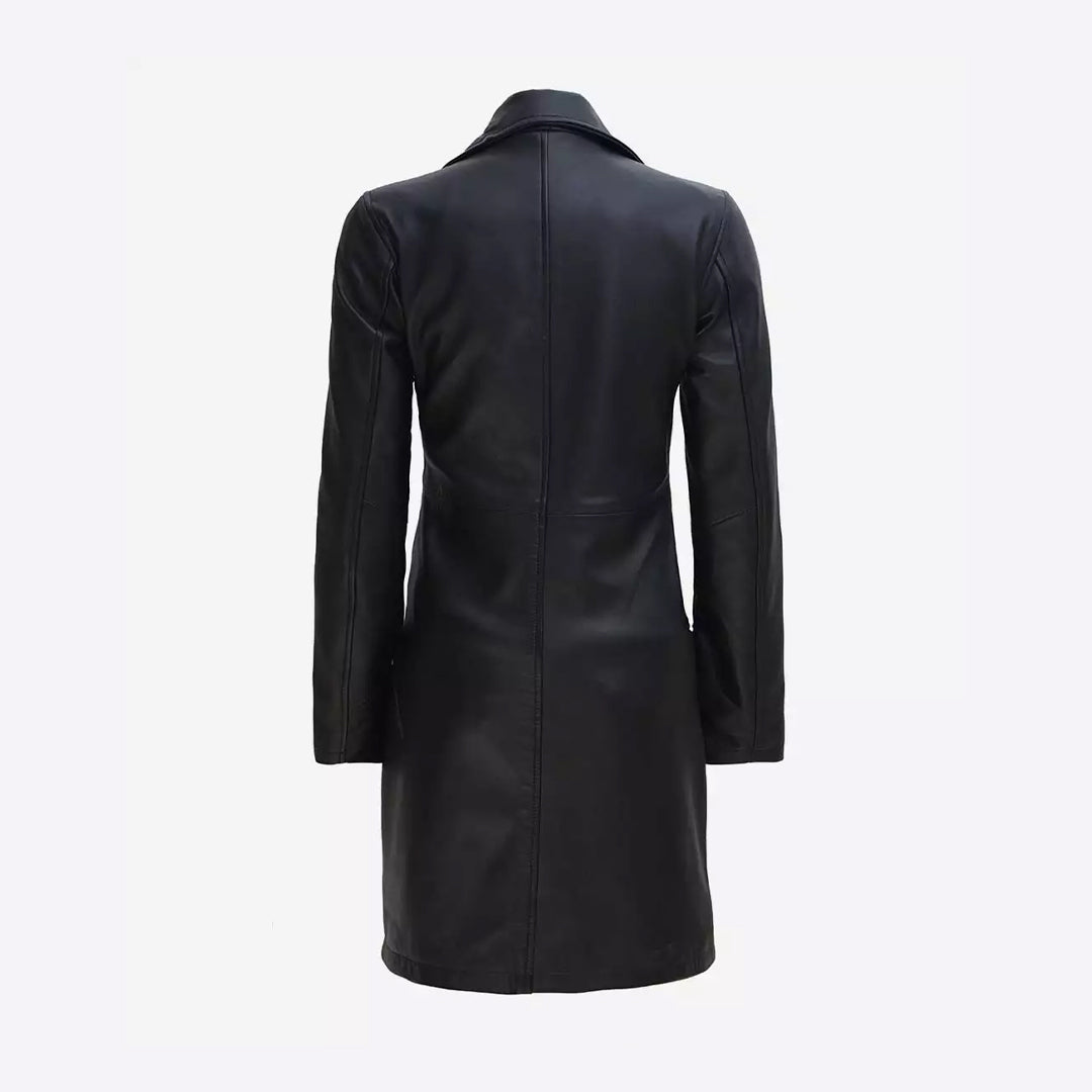 Women's Trench Long Black Leather Coat