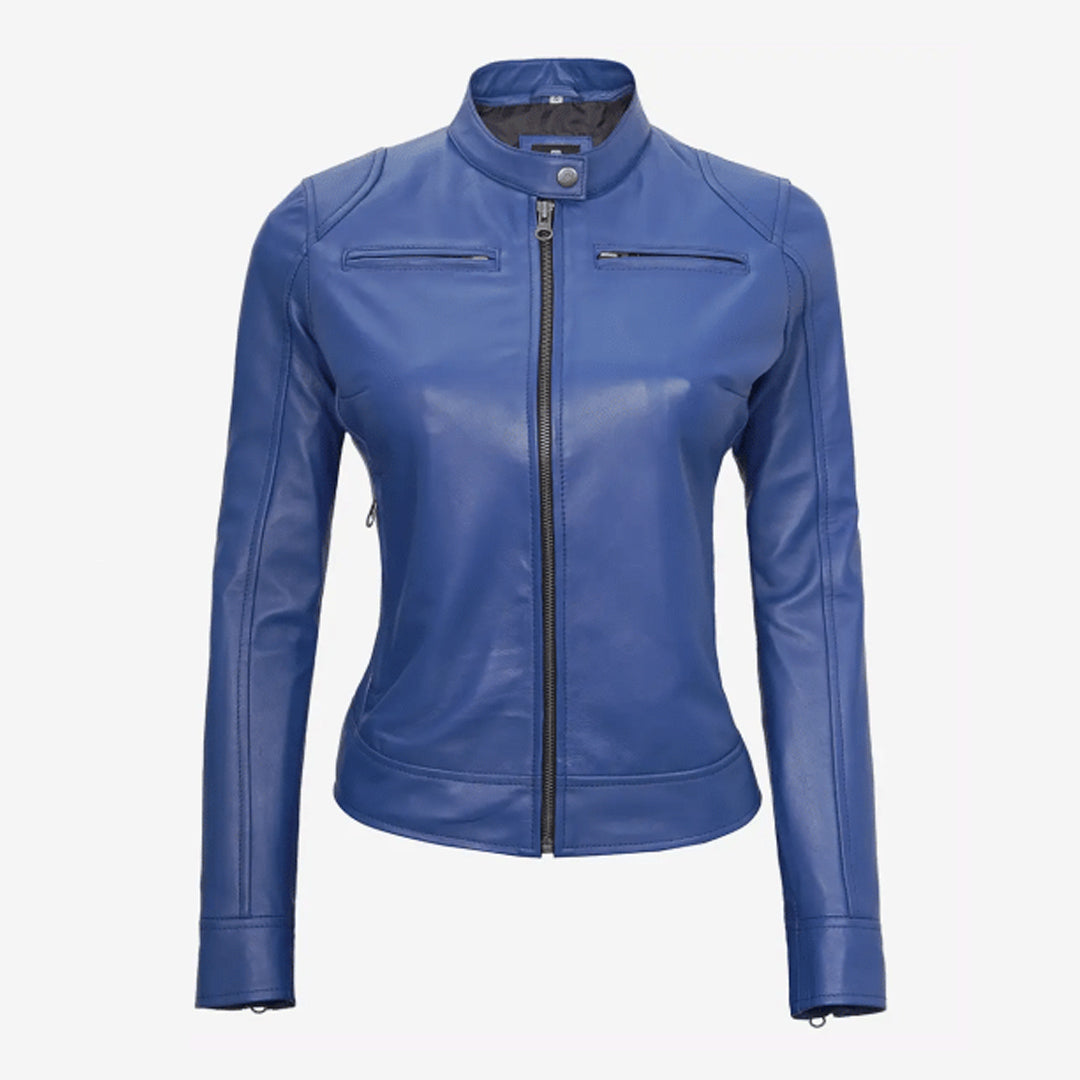 Women's Blue Cafe Racer Leather Jacket