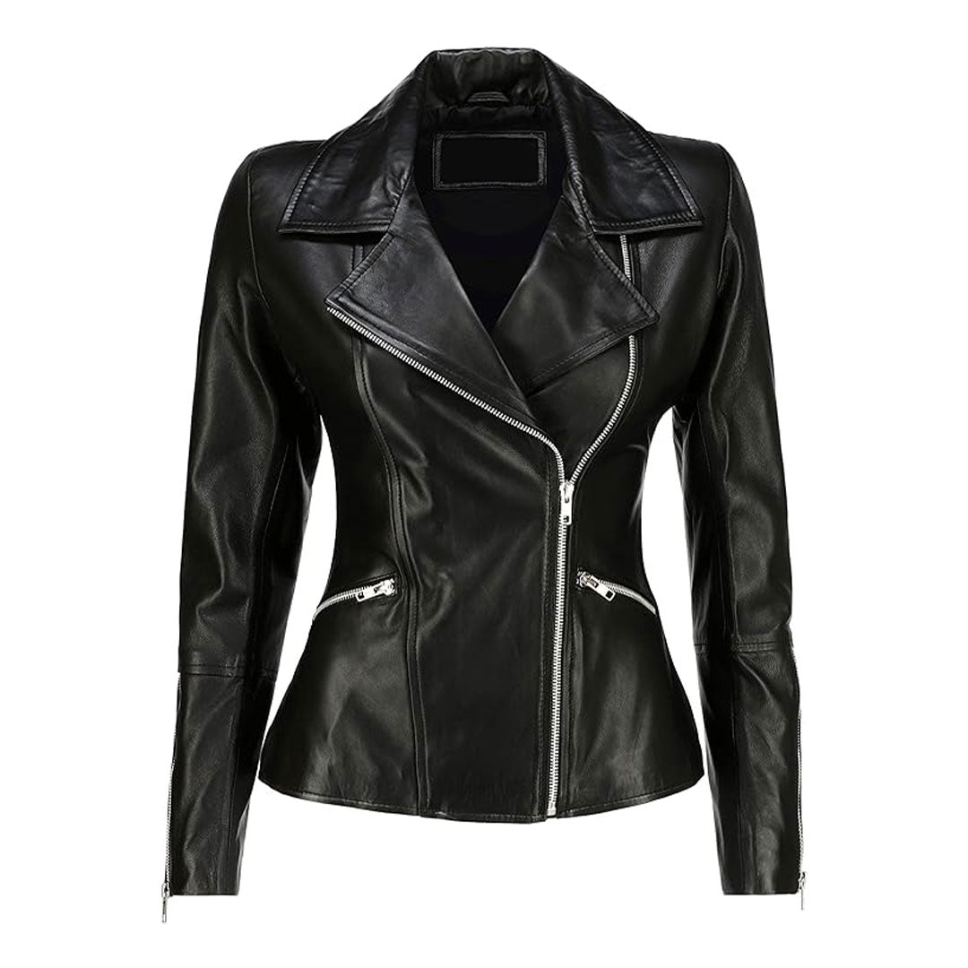 Women's Asymmetrical Zip Up Real Leather Jacket