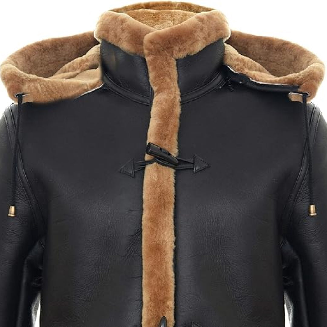 Men's Long Ginger Hooded Duffle Warm Leather Coat