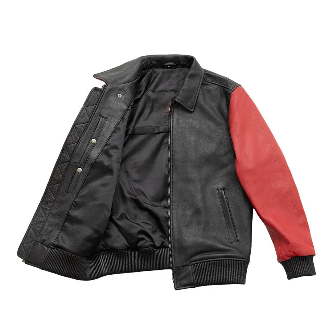 Men's Red Moto Bomber Two Tone Leather Jacket