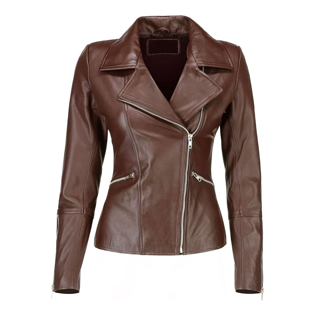 Women's Asymmetrical Zip Up Real Leather Jacket