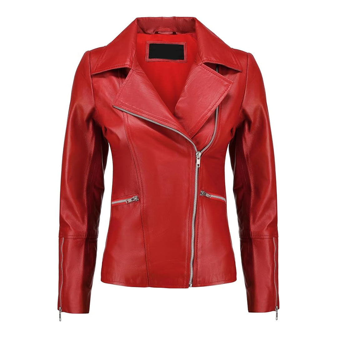 Women's Asymmetrical Zip Up Real Leather Jacket