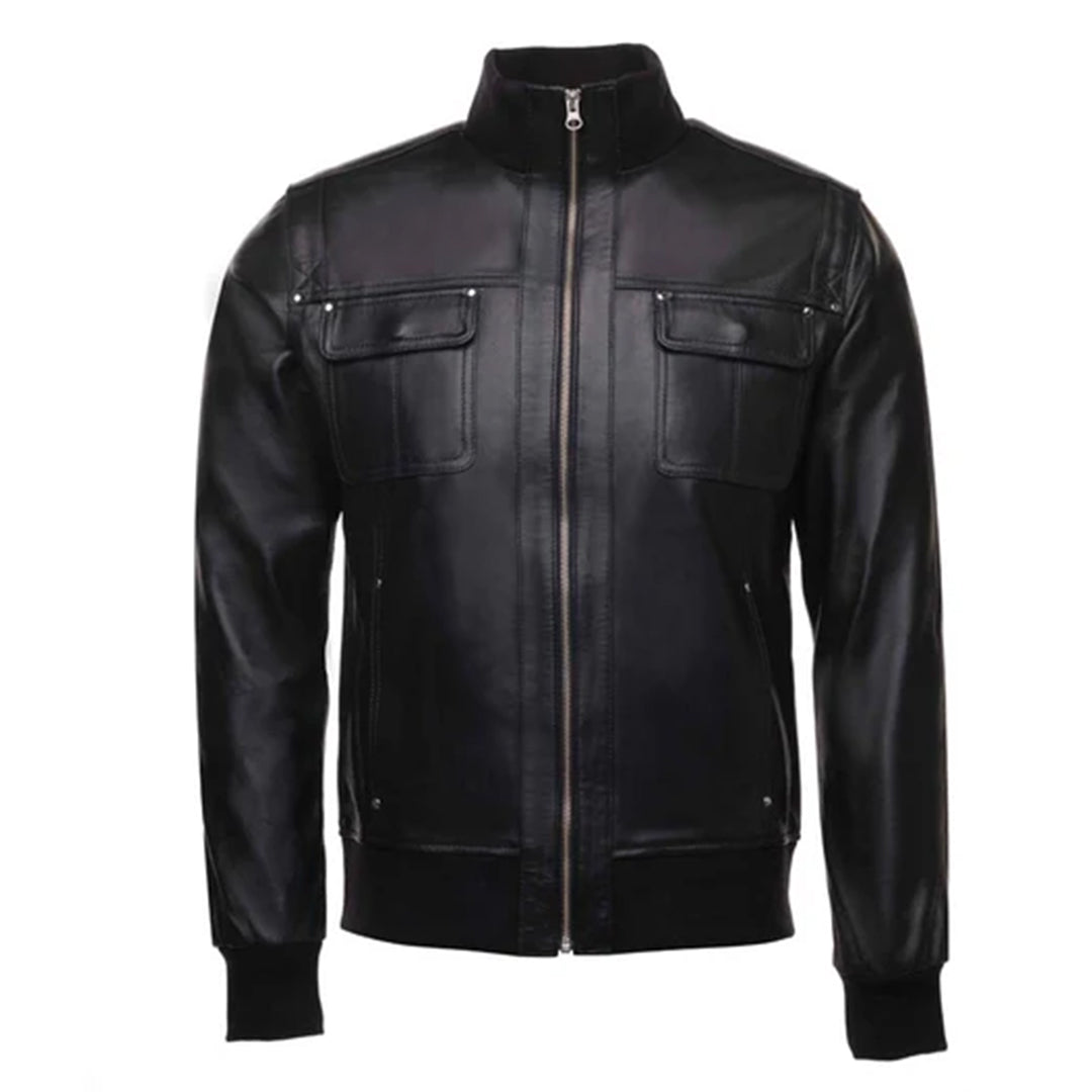 Men's Black Ribbed Collar Bomber Leather Jacket