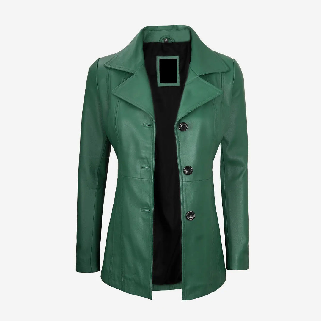 Women's Three Button Green Leather Coat