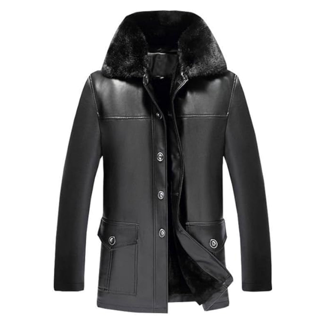 Men's Black Removable Fur Collar Leather Coat