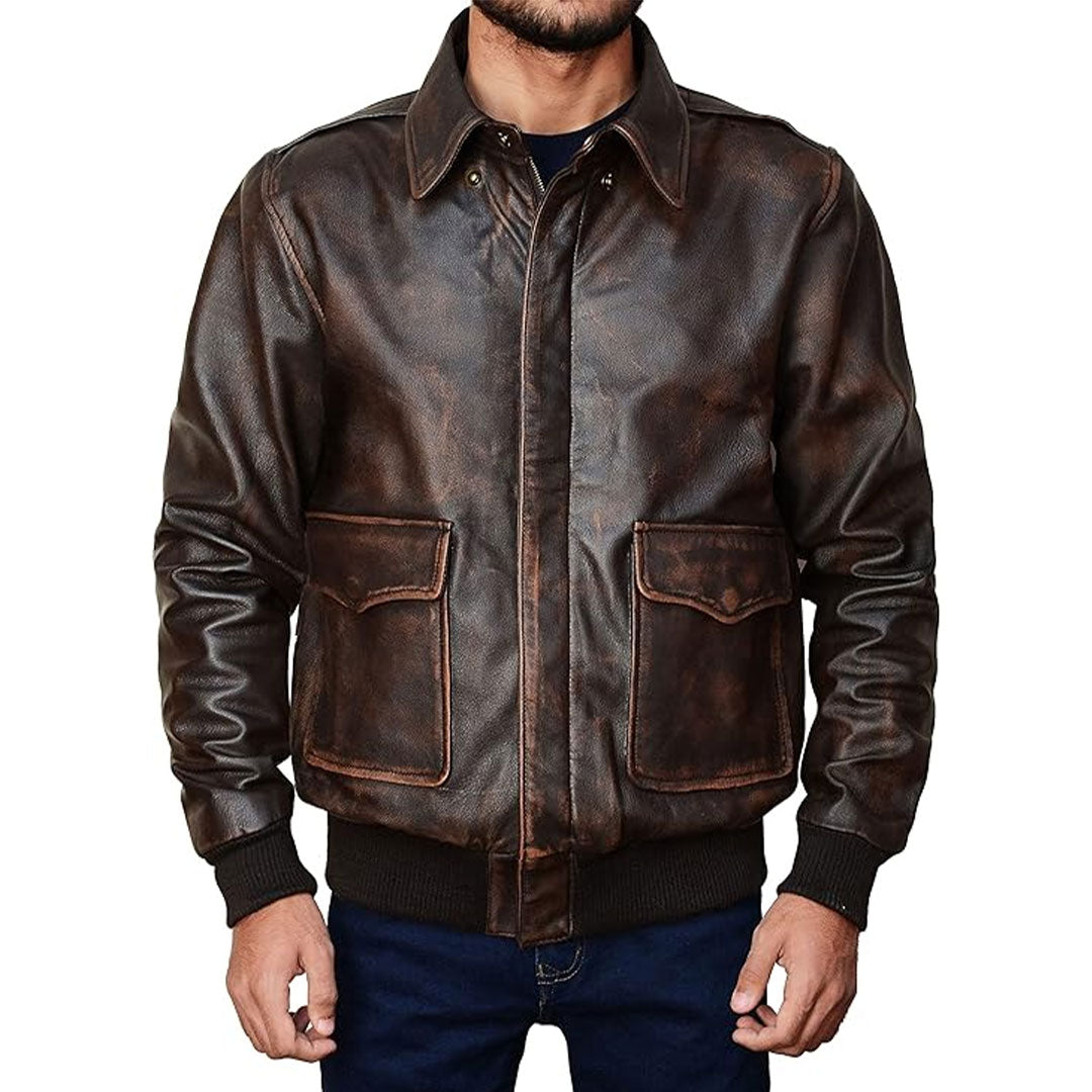 Men's Aviator A2 Distressed Leather Bomber Jacket