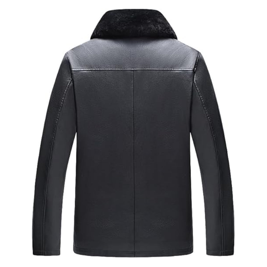 Men's Black Removable Fur Collar Leather Coat