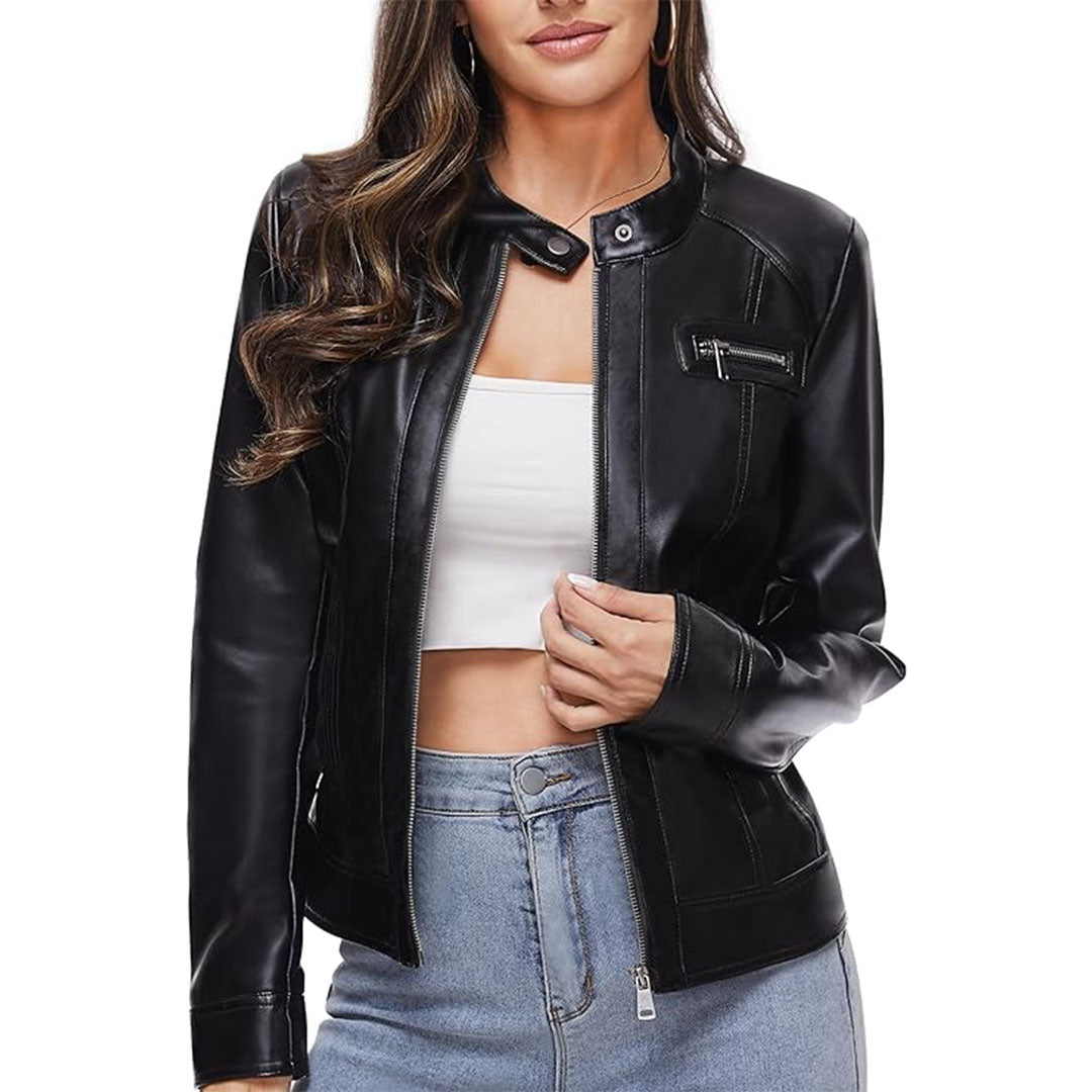 Women's Stand Up Collar Moto Leather Jacket